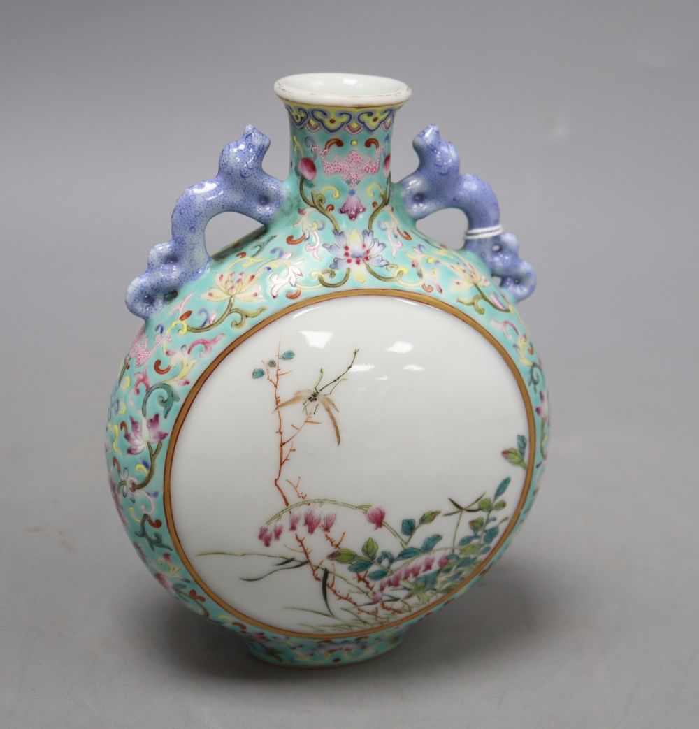 A Chinese enamelled turquoise moonflask, height 16cm